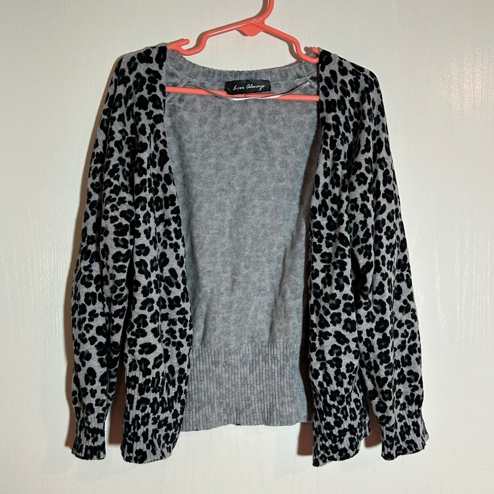Love Always‎ Girls Gray Leopard Print Cardigan Sweater Kids